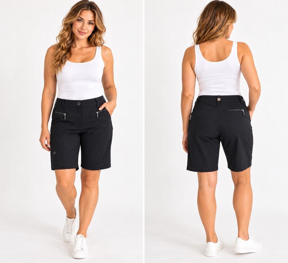 DKNY Golf Women’s Size 10 Black Bermuda Shorts Stretch Zip Pockets 13” Inseam